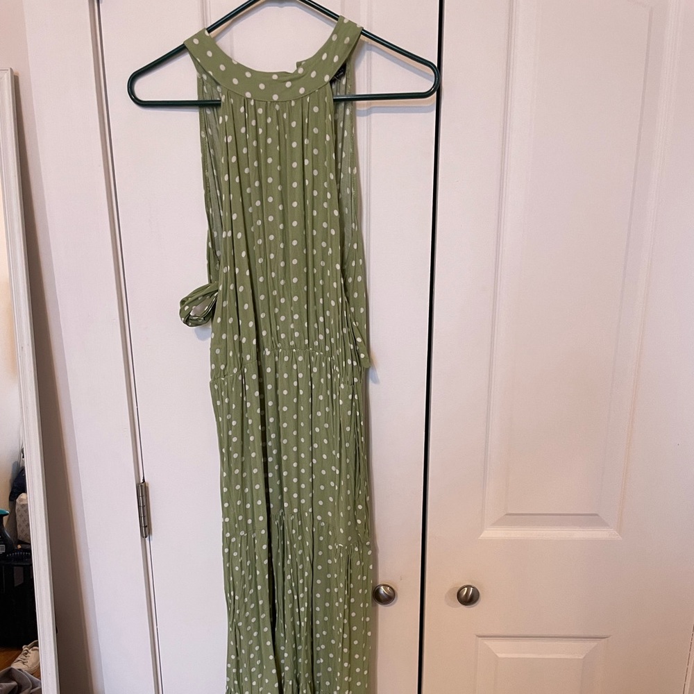 Green polka dotted halter top maxi dress